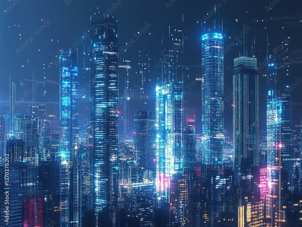 Futuristic cityscape with illuminated skyscrapers displaying digital information overlay Futuristic cityscape with illuminated skyscrapers displaying digital information overlay