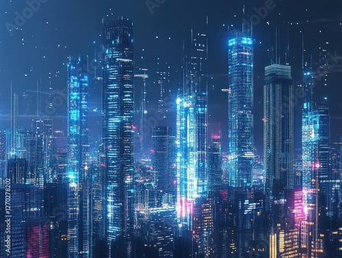 Wallpaper Mural Futuristic cityscape with illuminated skyscrapers displaying digital information overlay Torontodigital.ca