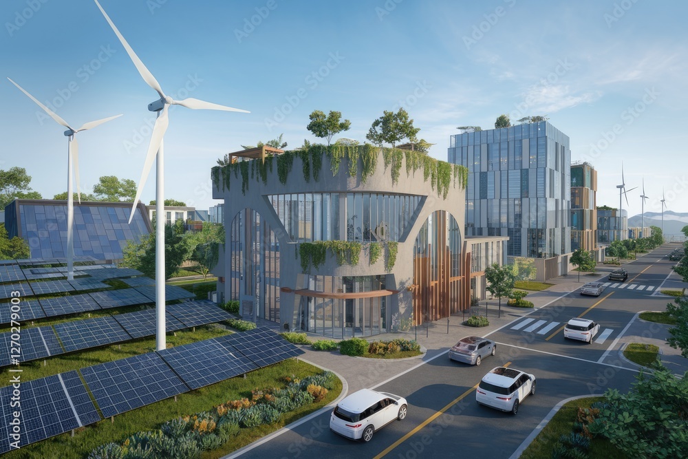 Eco-Friendly Urban Landscape with Modern Architecture, Solar Panels, and Wind Turbines on a Sunny Day, showcasing sustainable technologies and eco-conscious design Eco-Friendly Urban Landscape with Modern Architecture, Solar Panels, and Wind Turbines on a Sunny Day, showcasing sustainable technologies and eco-conscious design