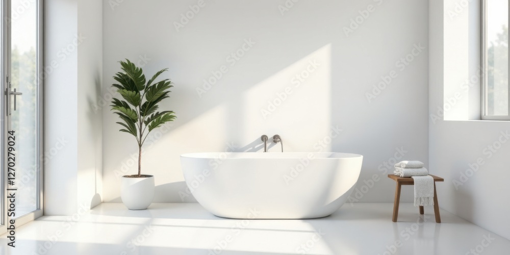 Fototapeta premium Serene Minimalist Bathroom Design Featuring a Freestanding Tub, Plant, and Wooden Stool