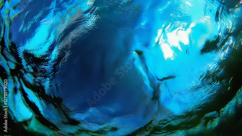 Under water sea in the under ocean river or lake, blue abstract loop, video background, horizontal, landscape social media footage.