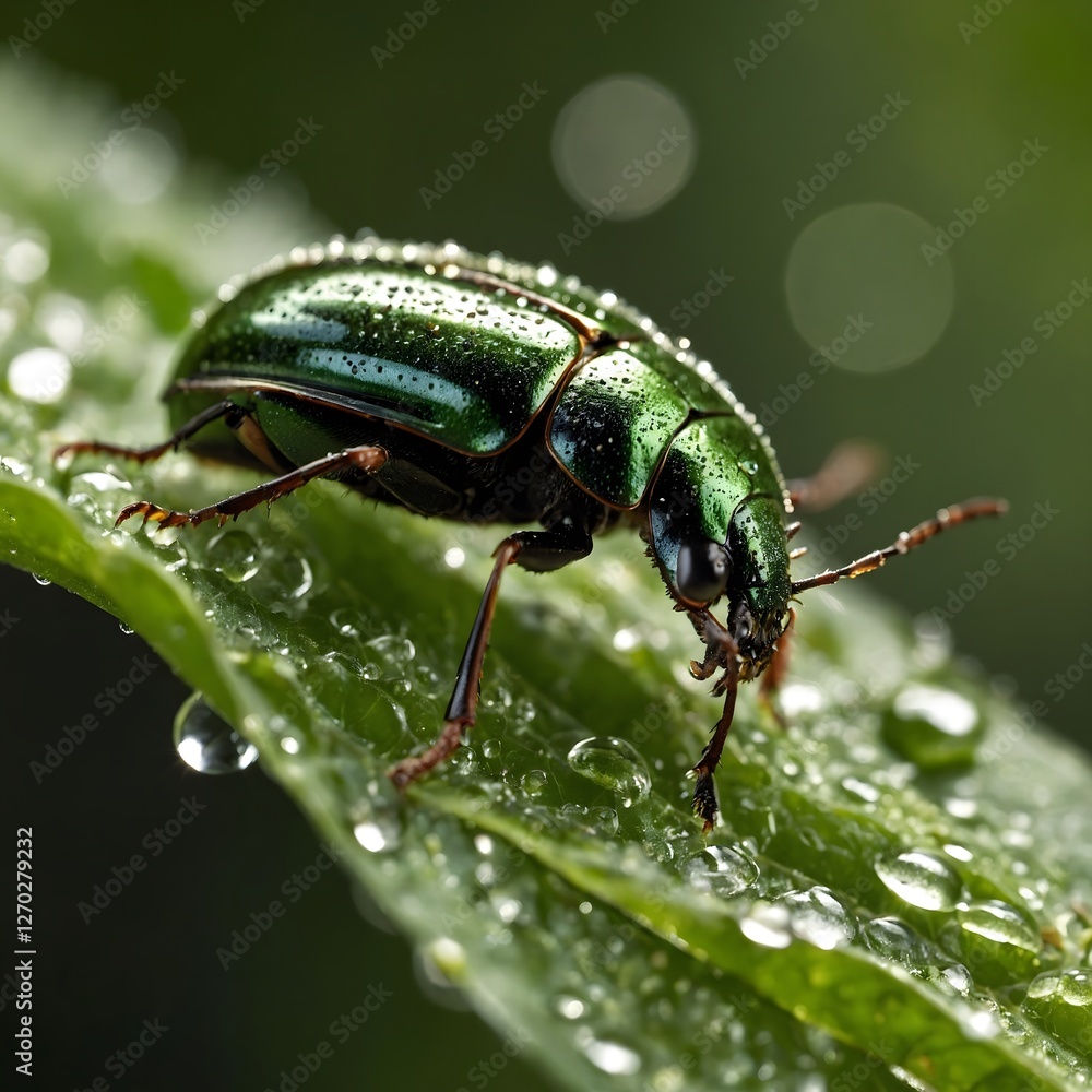 Fototapeta premium Dew-Kissed Beauty: The Elaphrus viridis Beetle Amongst Fresh Leaves