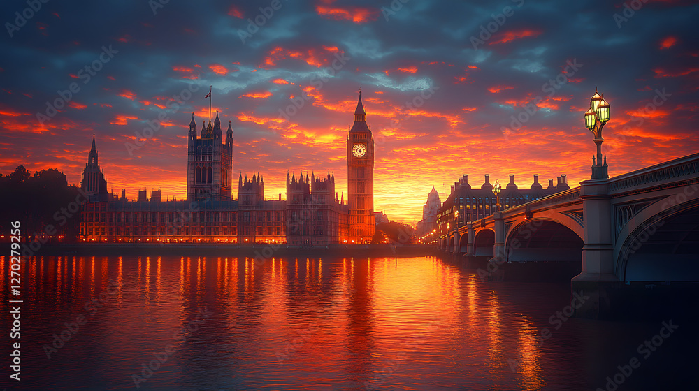 Fototapeta premium The London skyline is lit up at night, with the iconic Big Ben clock tower visible in the distance. The city's river is reflected in the water, creating a serene and picturesque scene