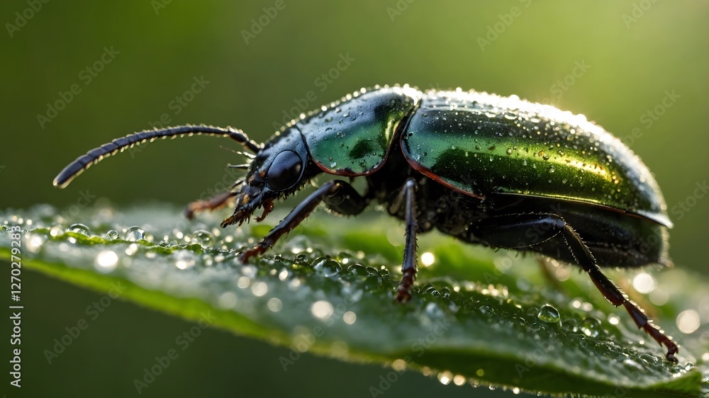 Naklejka premium Fresh Beginnings: The Elaphrus viridis Beetle on a Leaf with Morning Dew