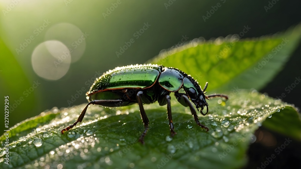 Naklejka premium Nature's Morning Gem: The Elaphrus viridis Beetle and Dewy Leaves