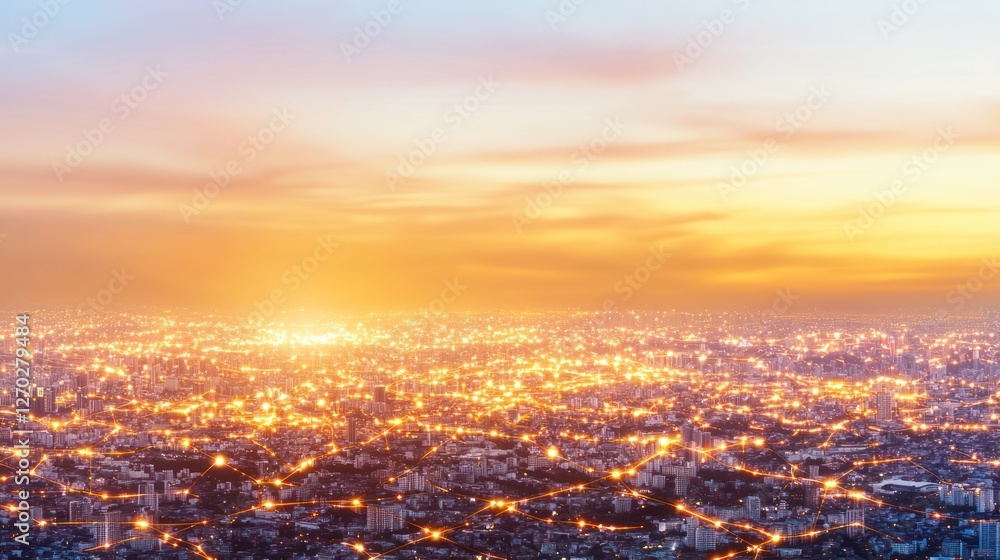 Naklejka premium Golden Hour Cityscape: A Panoramic View of Urban Lights at Sunset