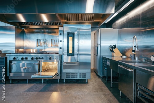 Fototapeta Naklejka Na Ścianę i Meble -  Modern Industrial Kitchen with Stainless Steel Appliances and Concrete Floor - Commercial Cooking Space Interior, Professional Design