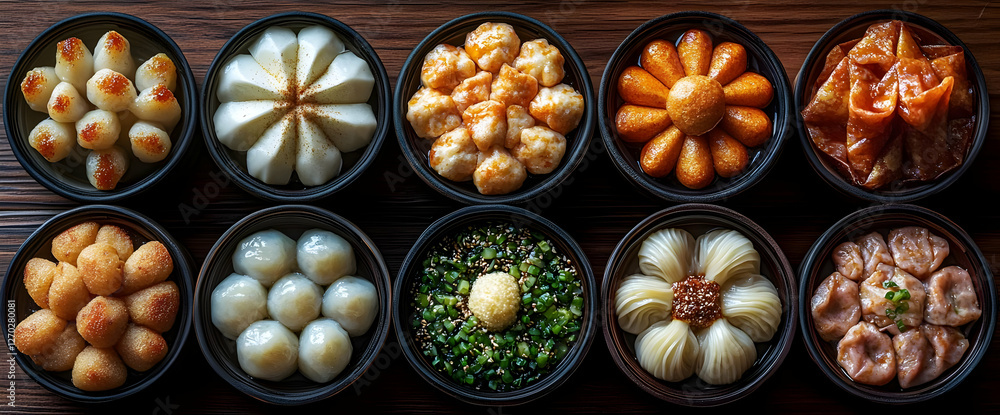 Fototapeta premium Assortment Of Colorful Steamed Dim Sum Dishes On Dark Wooden Background