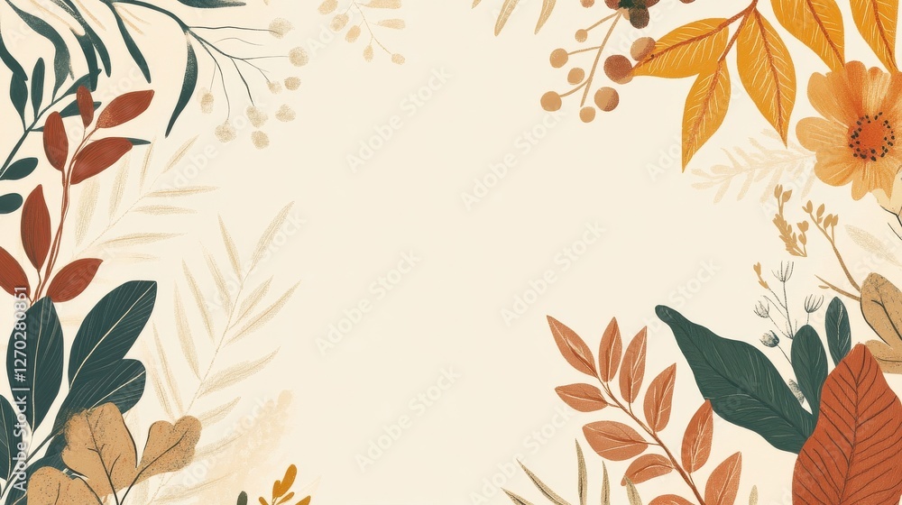 A decorative border featuring autumn leaves and flowers in warm colors, set against a light background, perfect for invitations or seasonal themes. A decorative border featuring autumn leaves and flowers in warm colors, set against a light background, perfect for invitations or seasonal themes.