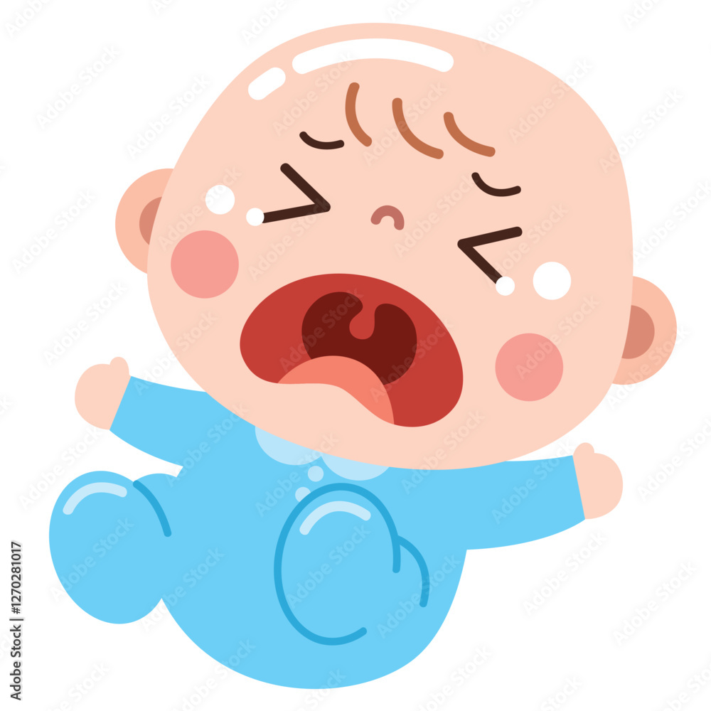 An adorable cartoon illustration of a baby in a blue onesie, crying with a distressed expression. An adorable cartoon illustration of a baby in a blue onesie, crying with a distressed expression.
