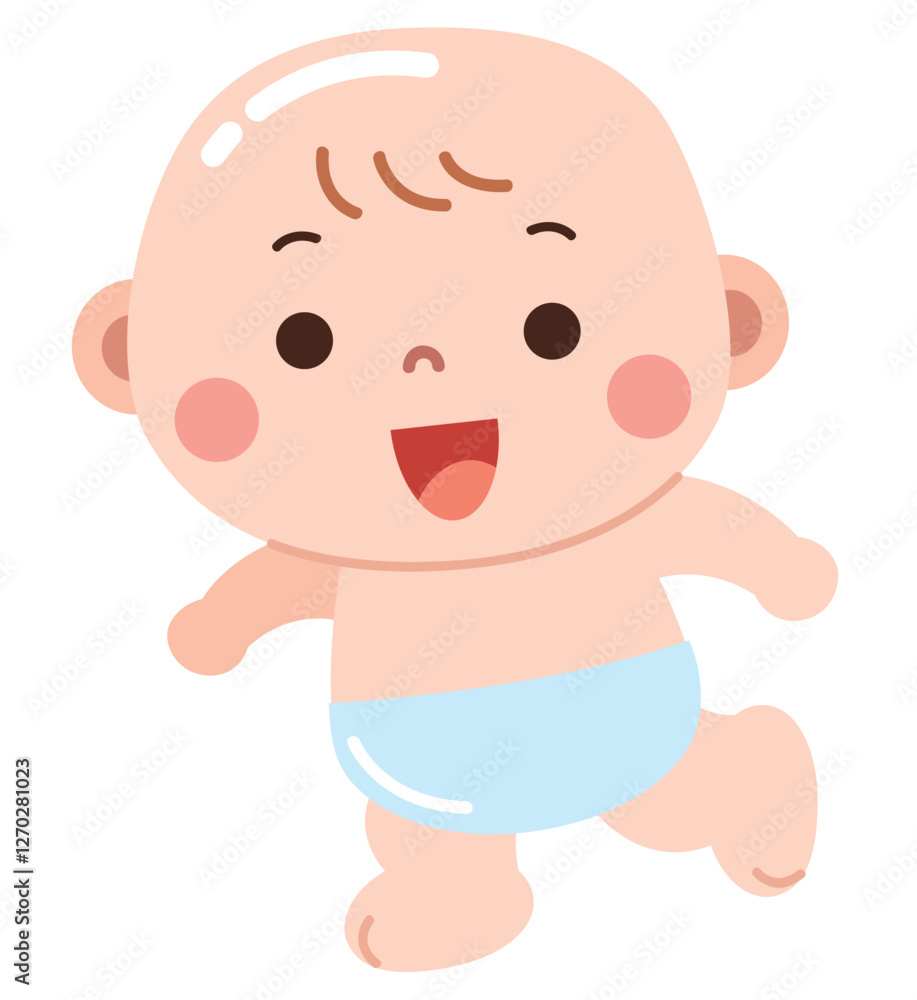 A cheerful and adorable cartoon illustration of a baby in a light blue diaper, joyfully walking or running. A cheerful and adorable cartoon illustration of a baby in a light blue diaper, joyfully walking or running.