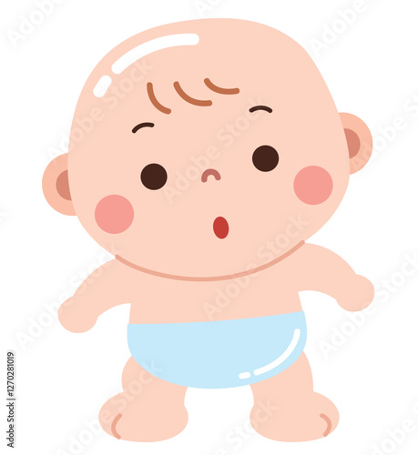 An adorable cartoon illustration of a baby in a light blue diaper with a surprised or curious expression.