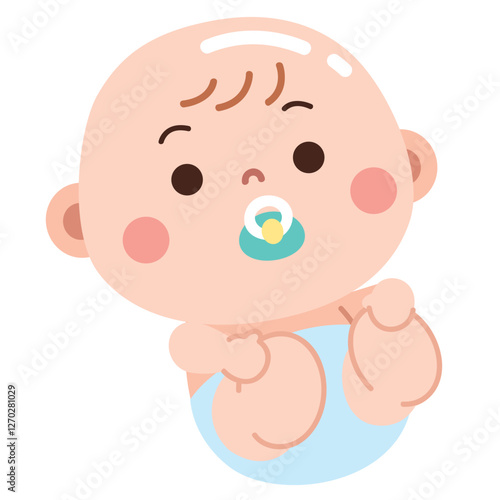 A sweet and adorable cartoon illustration of a baby dressed in a light blue diaper, sucking on a pacifier. 