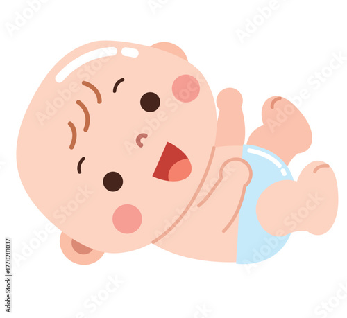 A cheerful and adorable cartoon illustration of a happy baby lying on its back, dressed in a light blue diaper