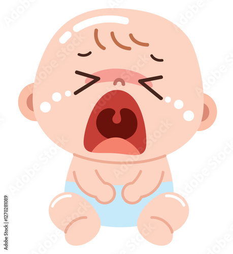 A cute yet emotional cartoon illustration of a crying baby wearing a light blue diaper. The baby has tears streaming down its face