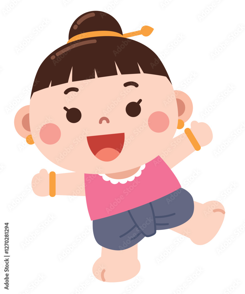 A cheerful and playful cartoon illustration of a young girl dressed in traditional attire, dancing with a big smile A cheerful and playful cartoon illustration of a young girl dressed in traditional attire, dancing with a big smile
