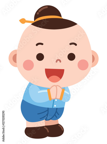 A cheerful and respectful cartoon illustration of a young boy dressed in traditional clothing, performing a polite greeting with hands together in a respectful gesture.