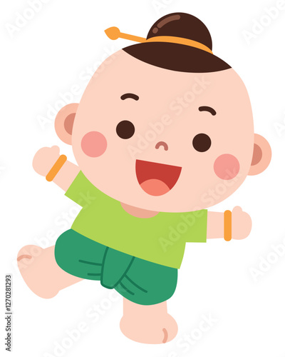 A lively and cheerful cartoon illustration of a young boy dressed in traditional clothing, dancing joyfully. 