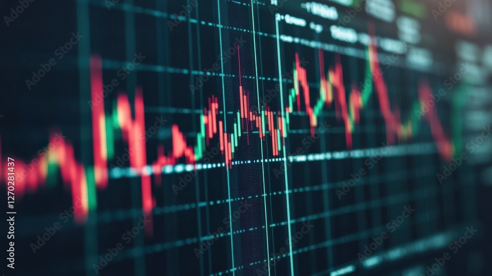 A close-up view of a financial chart displaying fluctuating stock prices with green and red candlestick patterns against a dark background. A close-up view of a financial chart displaying fluctuating stock prices with green and red candlestick patterns against a dark background.