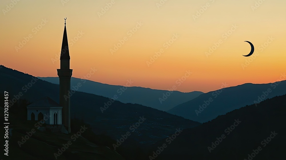Fototapeta premium Serene twilight over a mountainous landscape featuring a mosque silhouette and crescent moon
