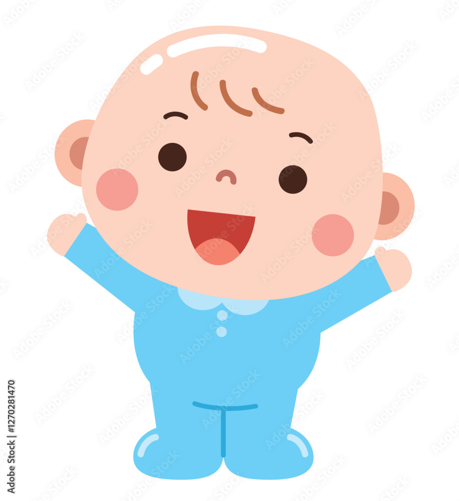 A cute and cheerful cartoon illustration of a baby dressed in a light blue onesie, standing with arms raised and a joyful expression. A cute and cheerful cartoon illustration of a baby dressed in a light blue onesie, standing with arms raised and a joyful expression.