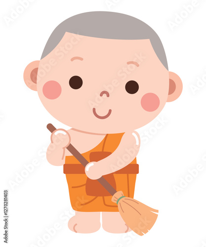 A delightful and peaceful cartoon illustration of a young novice monk dressed in traditional orange robes, holding a broom with a gentle smile.