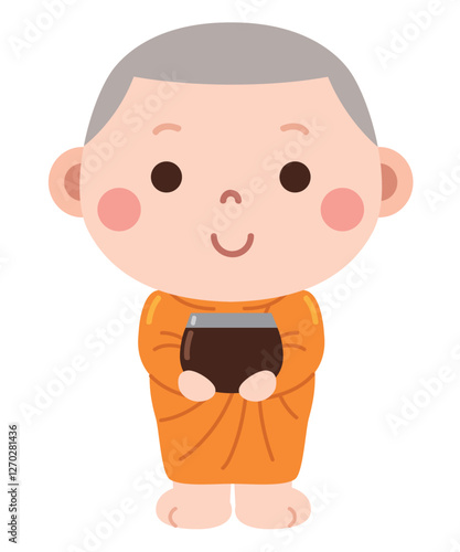 A charming and peaceful cartoon illustration of a young novice monk dressed in traditional orange robes, holding a black alms bowl with a gentle smile.