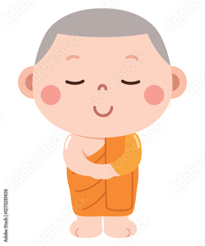 A peaceful and adorable cartoon illustration of a young novice monk dressed in traditional orange robes, standing with a serene expression and closed eyes