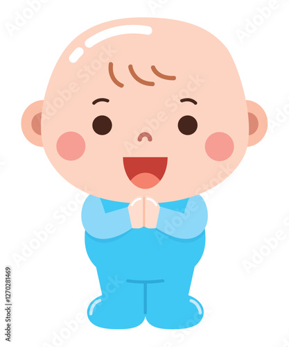 Wallpaper Mural A cute and happy cartoon illustration of a baby dressed in a blue outfit, standing with hands clasped together and a joyful expression Torontodigital.ca