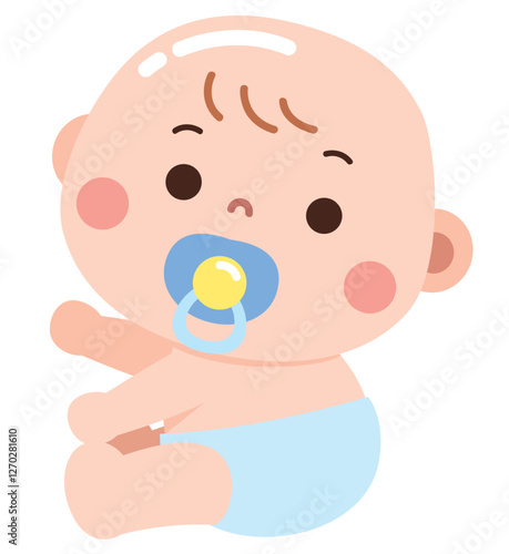 A sweet and simple cartoon illustration of a baby sitting while sucking on a blue and yellow pacifier