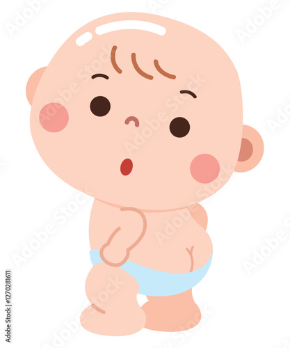 An adorable cartoon illustration of a baby in a diaper with a surprised and curious expression. 