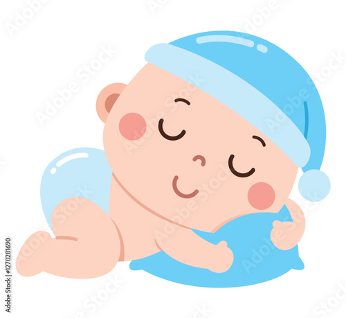 A cute and peaceful cartoon illustration of a baby sleeping soundly on a soft blue pillow, wearing a light blue nightcap