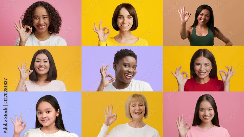 A collection of women from various backgrounds making an okay gesture with their hands. Their cheerful expressions and vibrant colors highlight a sense of positivity, unity, and diversity. A collection of women from various backgrounds making an okay gesture with their hands. Their cheerful expressions and vibrant colors highlight a sense of positivity, unity, and diversity.