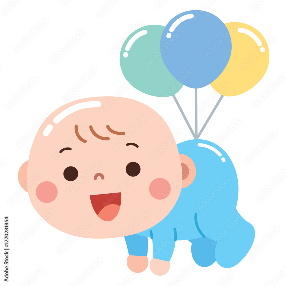 A cute and playful cartoon illustration of a baby crawling with a big smile while three colorful balloons (blue, green, and yellow) are tied to its back. A cute and playful cartoon illustration of a baby crawling with a big smile while three colorful balloons (blue, green, and yellow) are tied to its back.