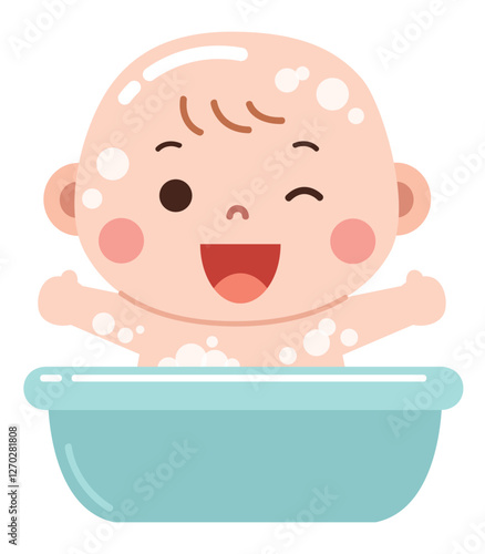 A cute and cheerful cartoon illustration of a baby enjoying bath time in a light blue tub, covered in soap bubbles