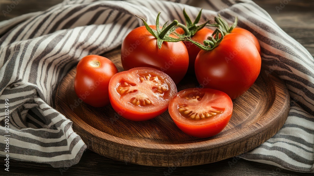 Fresh Red Tomatoes on Wooden Plate Fresh Red Tomatoes on Wooden Plate