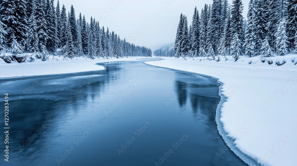 Obraz premium Breathtaking View of a Frozen River Winding Through Snowy Pines and Winter Landscape