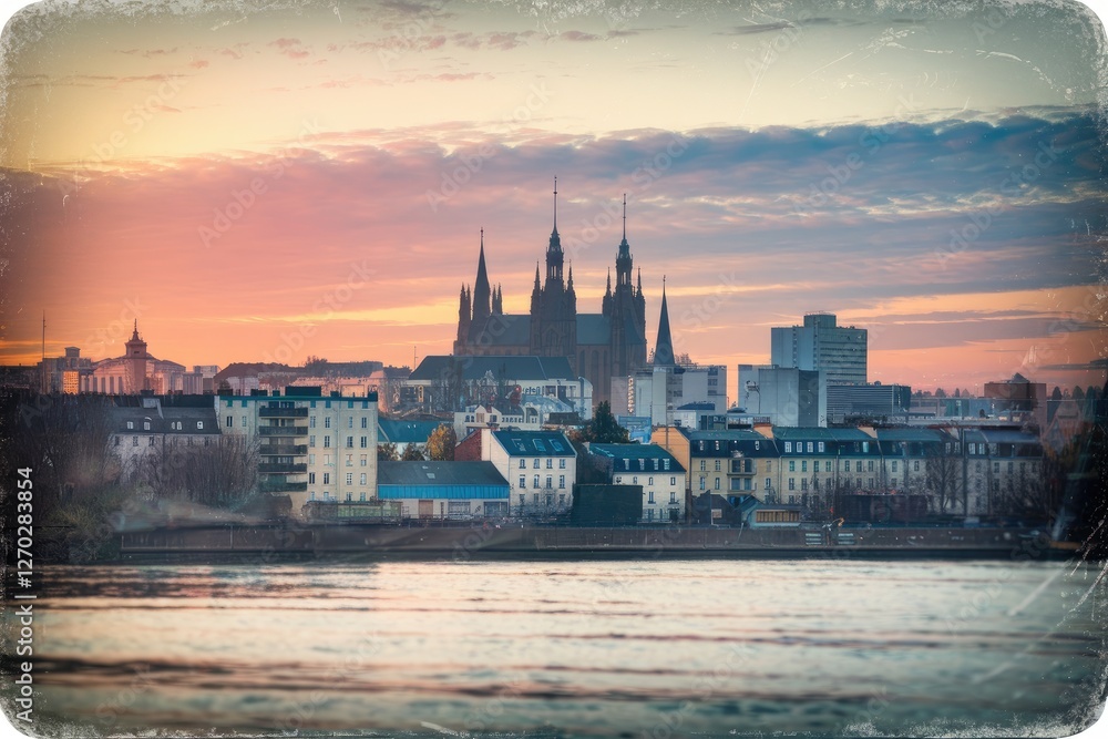 Obraz premium Moody Sunrise over European Cityscape with Cathedral, Buildings, and Waterfront in Retro Style with Washed-Out Tones