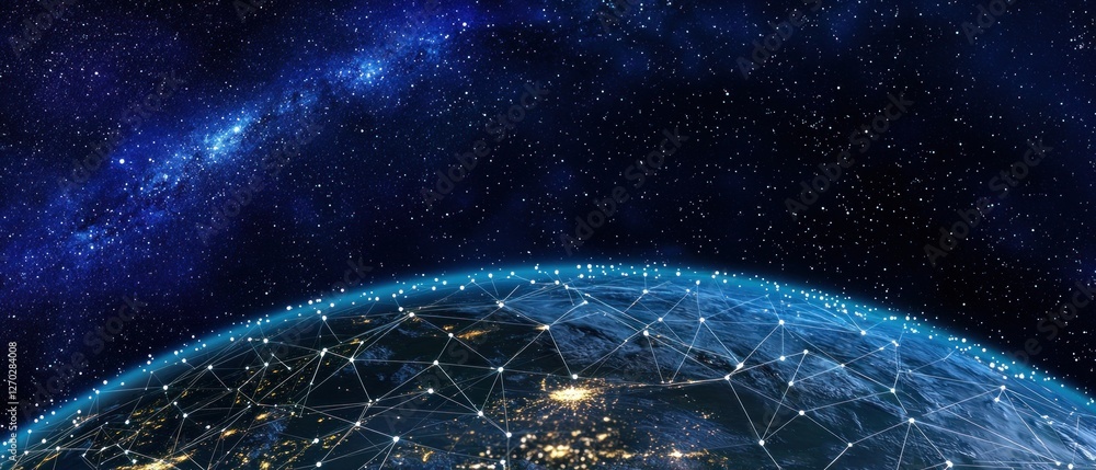 Obraz premium Global Network: Earth's Interconnectedness Illuminated Against the Milky Way