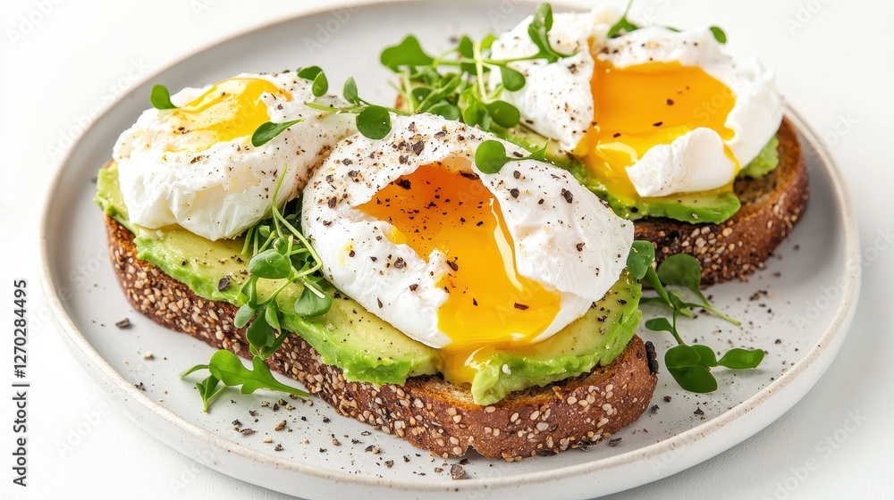 A delicious plate of avocado toast topped with poached eggs and microgreens, garnished with black pepper on a round plate. A delicious plate of avocado toast topped with poached eggs and microgreens, garnished with black pepper on a round plate.