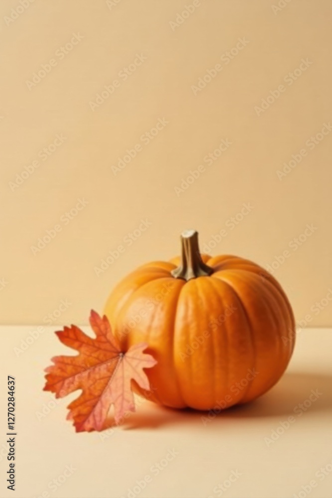 A vibrant orange pumpkin rests gently on a soft beige surface, adorned by a single autumn leaf, symbolizing the beauty of seasonal transitions. A vibrant orange pumpkin rests gently on a soft beige surface, adorned by a single autumn leaf, symbolizing the beauty of seasonal transitions.