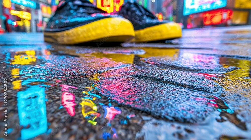 Fototapeta premium Colorful Puddle Reflecting City Lights on Wet Urban Pavement with Shoes