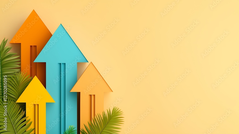 Colorful Upward Arrows on Pastel Background with Palm Fronds Colorful Upward Arrows on Pastel Background with Palm Fronds