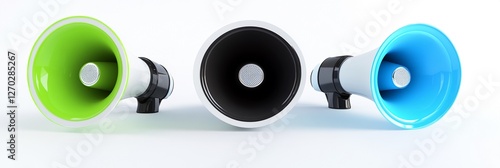 Elevate Your Advertisements with Professional Megaphones: Close-up of Three Stylish Designs in Neon Green, Bold Black, and Sky Blue for Marketing Excellence