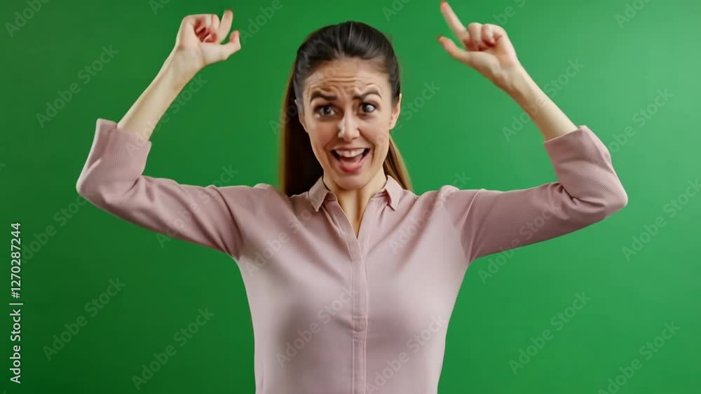 Enthusiastic brunette pointing upwards against a vibrant green backdrop Enthusiastic brunette pointing upwards against a vibrant green backdrop