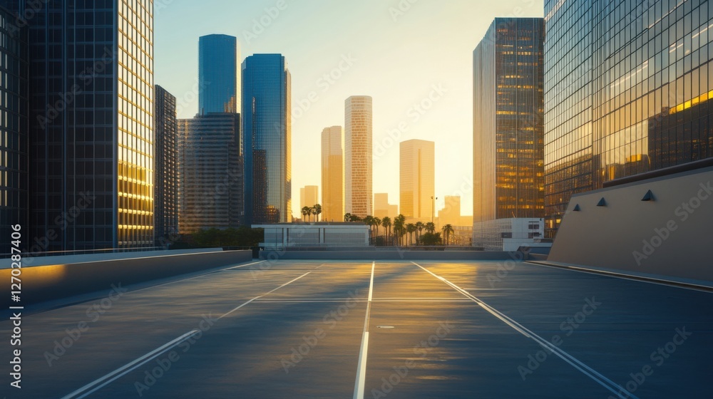 Naklejka premium A sleek car plaza with futuristic skyscrapers under a golden hour sky. Featuring elegance and serenity