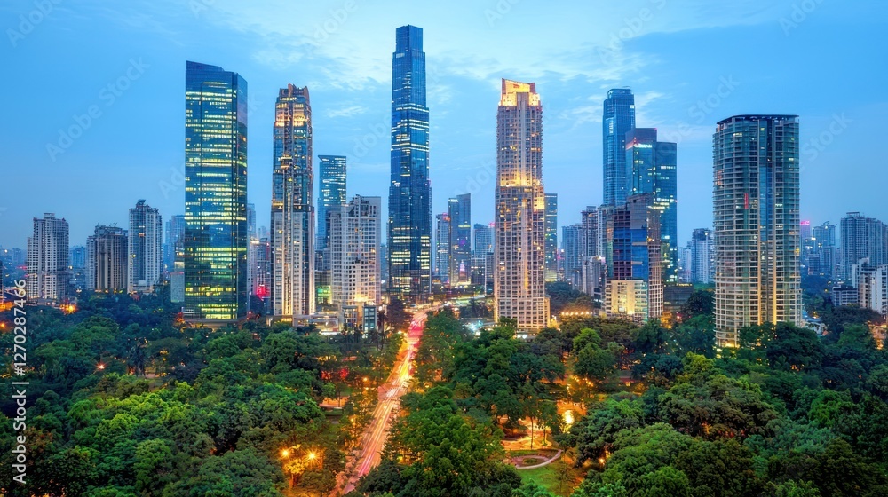 Obraz premium Cityscape at Dusk: Skyscrapers and Lush Greenery