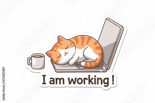 Cute Orange Cat Sleeping on Laptop with Coffee Mug Sticker Design