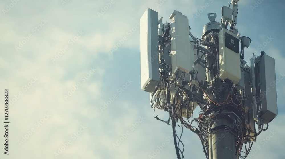 Close-up of a complex telecommunications tower against a cloudy sky. Close-up of a complex telecommunications tower against a cloudy sky.