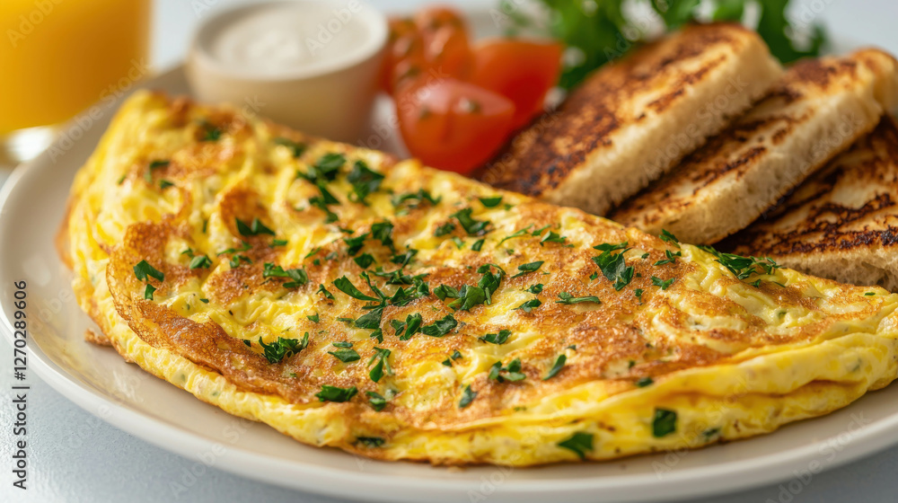 Classic Morning Omelette with Toast and Fresh Tomato on Bright Inviting Plate Classic Morning Omelette with Toast and Fresh Tomato on Bright Inviting Plate